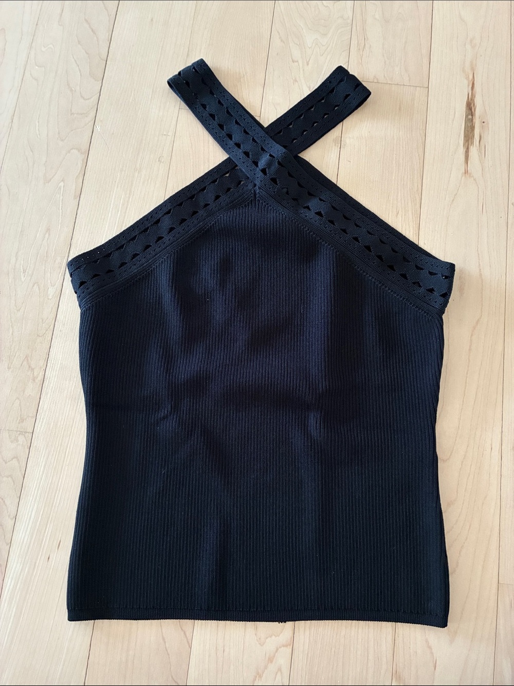 WHBM Black Ribbed Crisscross Halter Tank Top